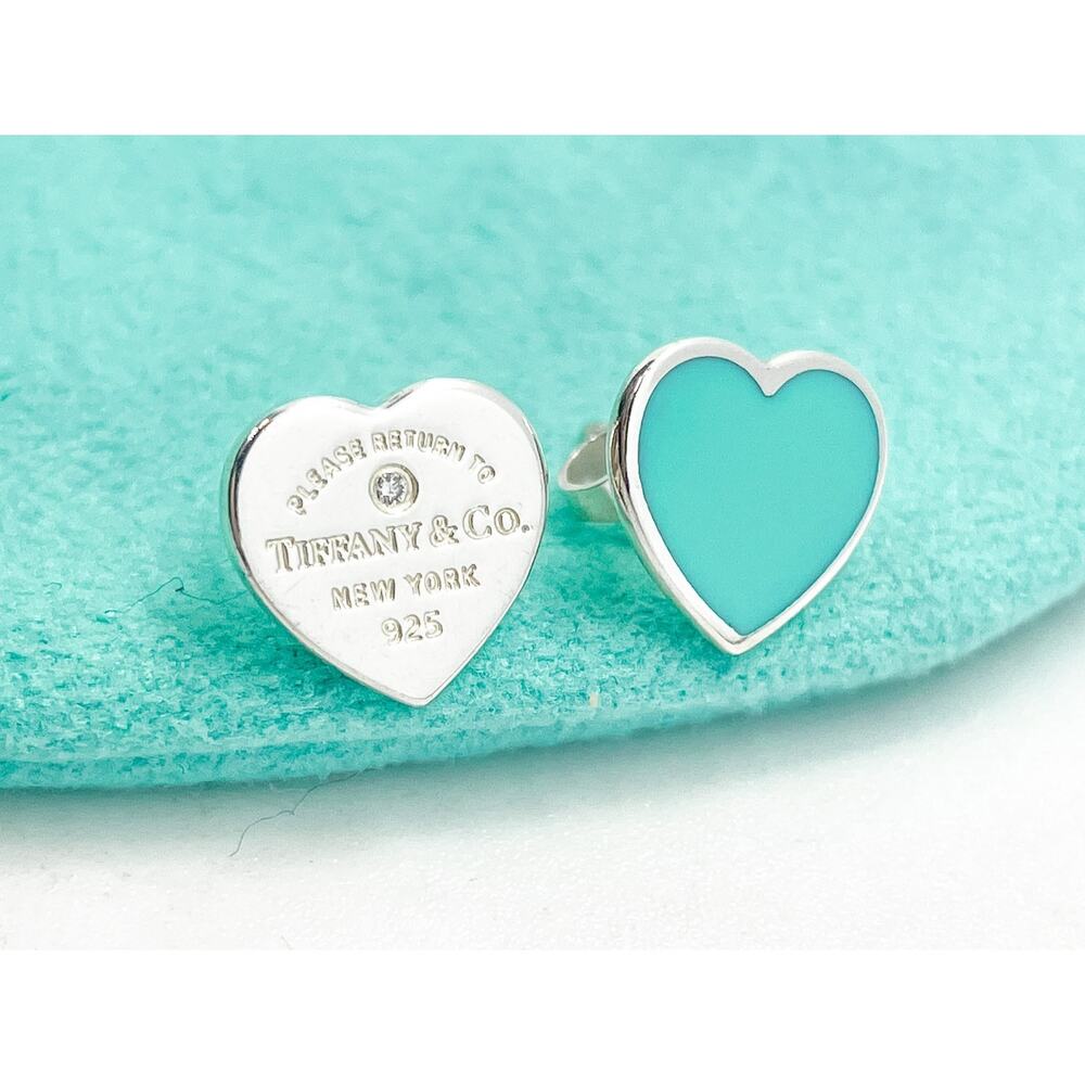 Tiffany & Co. Mini Return to Tiffany Blue Diamond Heart Stud Earrings Silver